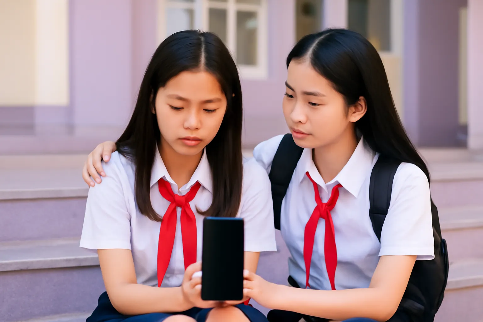 Nữ sinh ngồi bậc thềm cầm điện thoại tối màn hình, bạn khoác vai