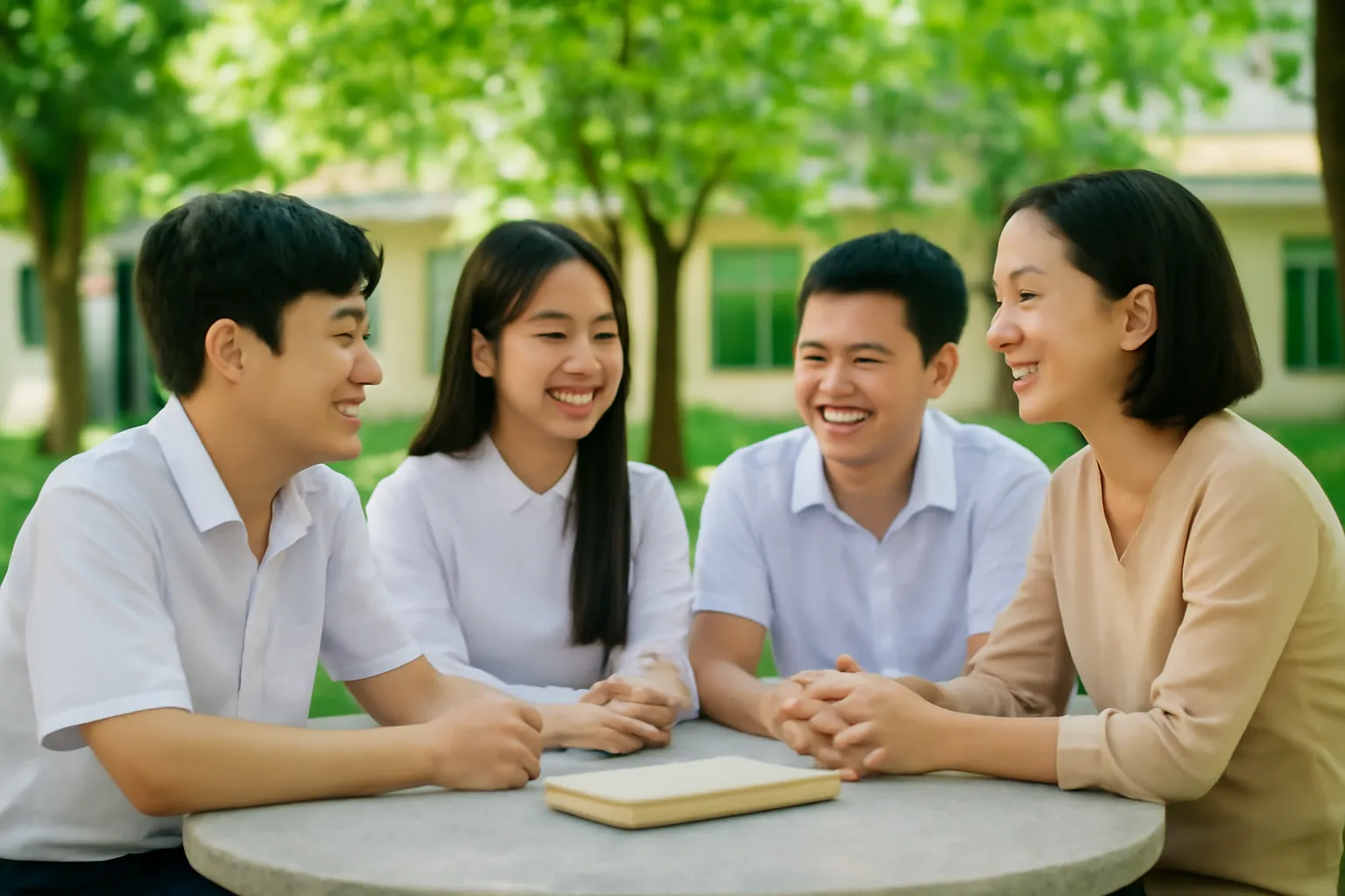 Ba học sinh ngồi cùng cô chủ nhiệm ở bàn đá sân trường bàn bạc