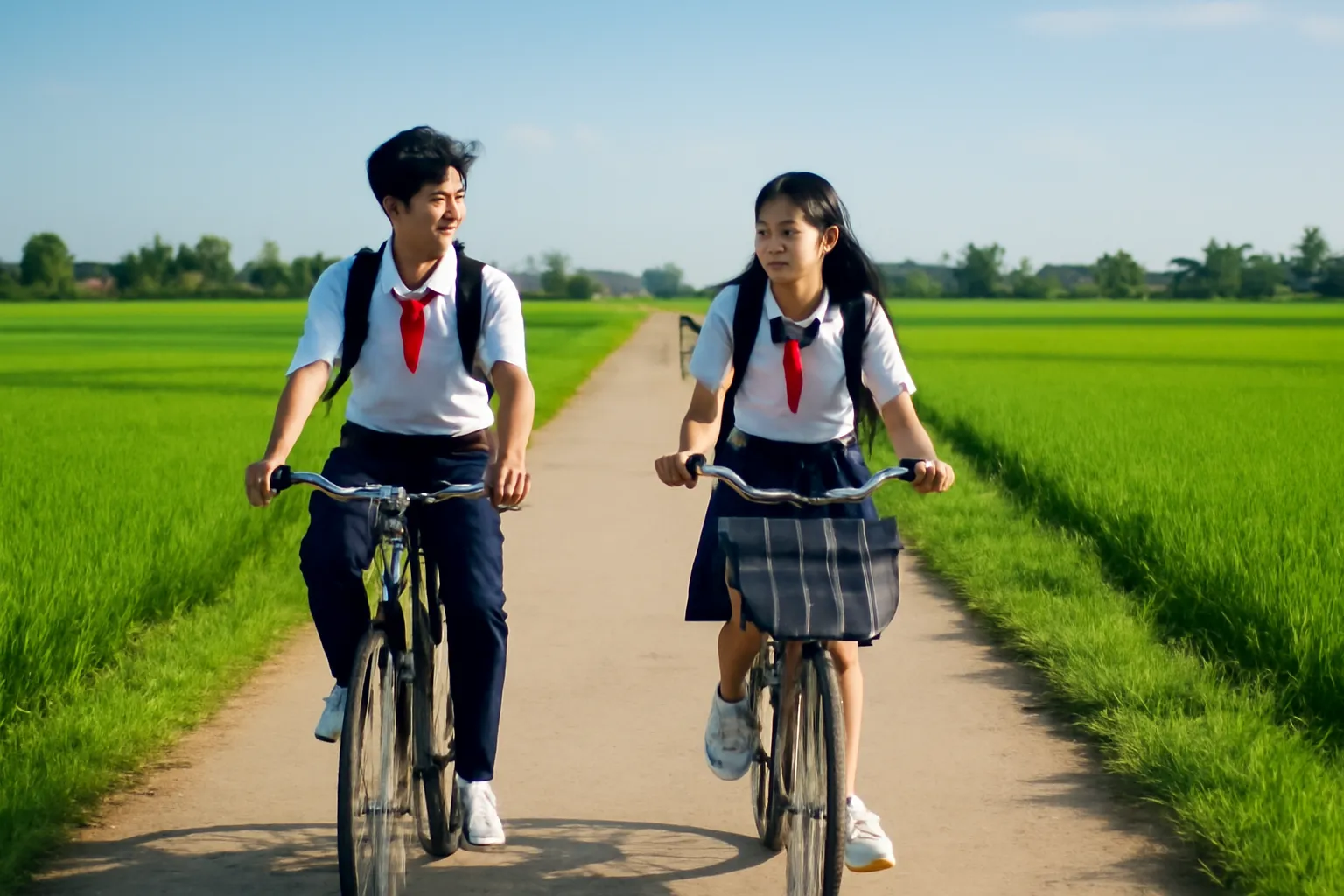 Hai học sinh trung học đạp xe song song trên đường làng sau giờ học