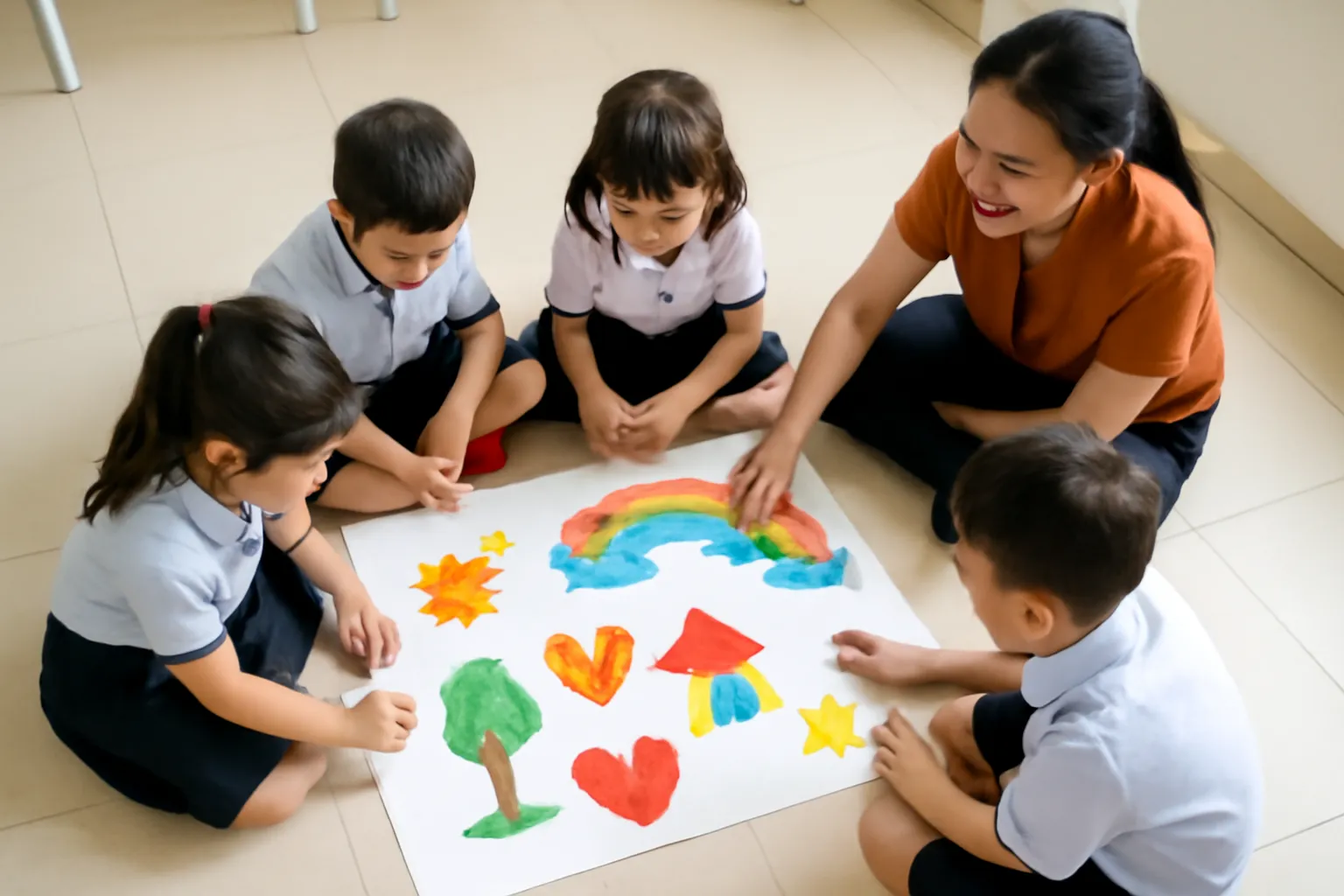 Nhóm học sinh tiểu học ngồi sàn cùng vẽ biểu tượng lên tờ giấy lớn