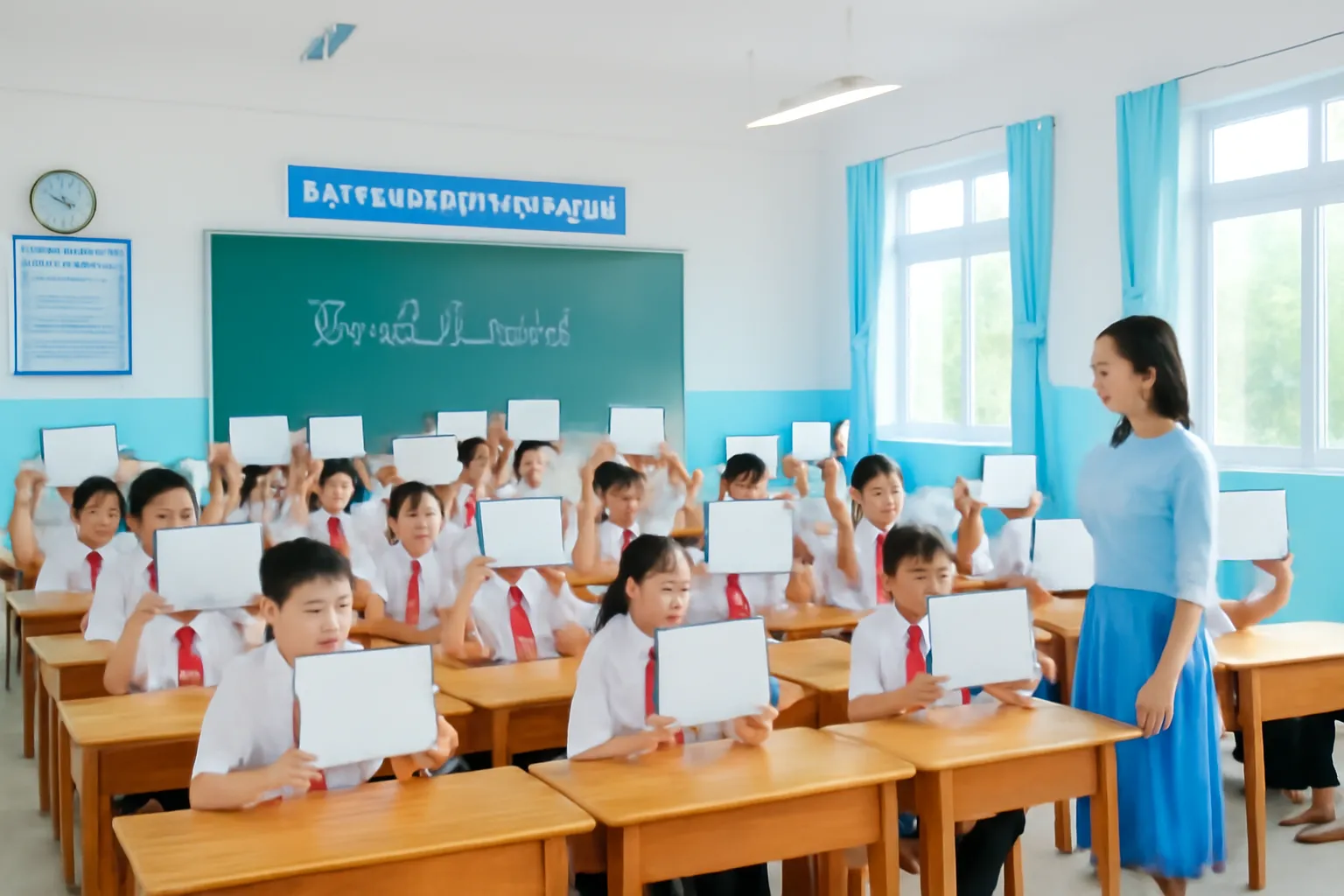 Cả lớp giơ cao những tấm bảng con trắng để cô xem
