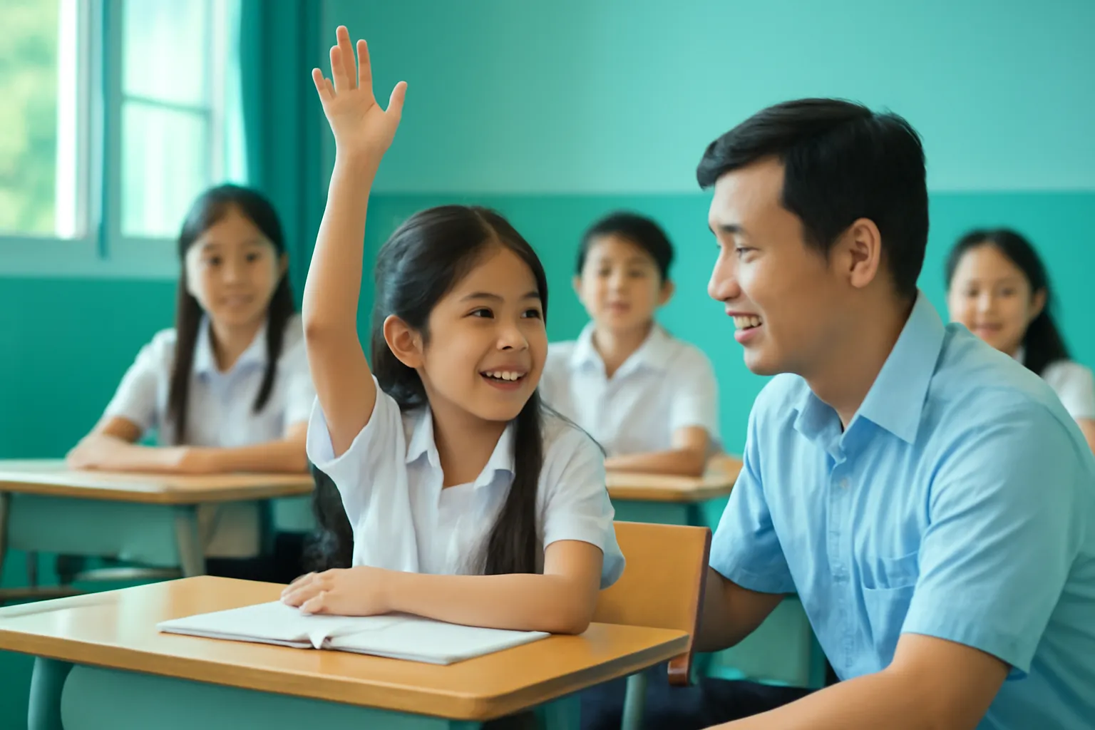 Thầy giáo ngồi xổm ngang tầm học sinh đang giơ tay trả lời