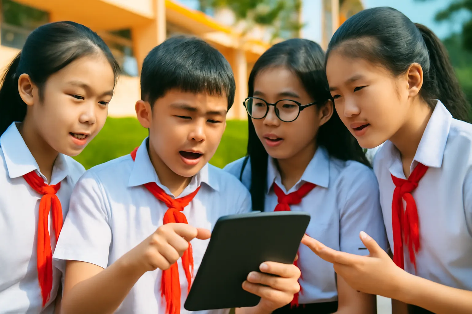 Nhóm học sinh chụm quanh máy tính bảng, một em chỉ tay tranh luận