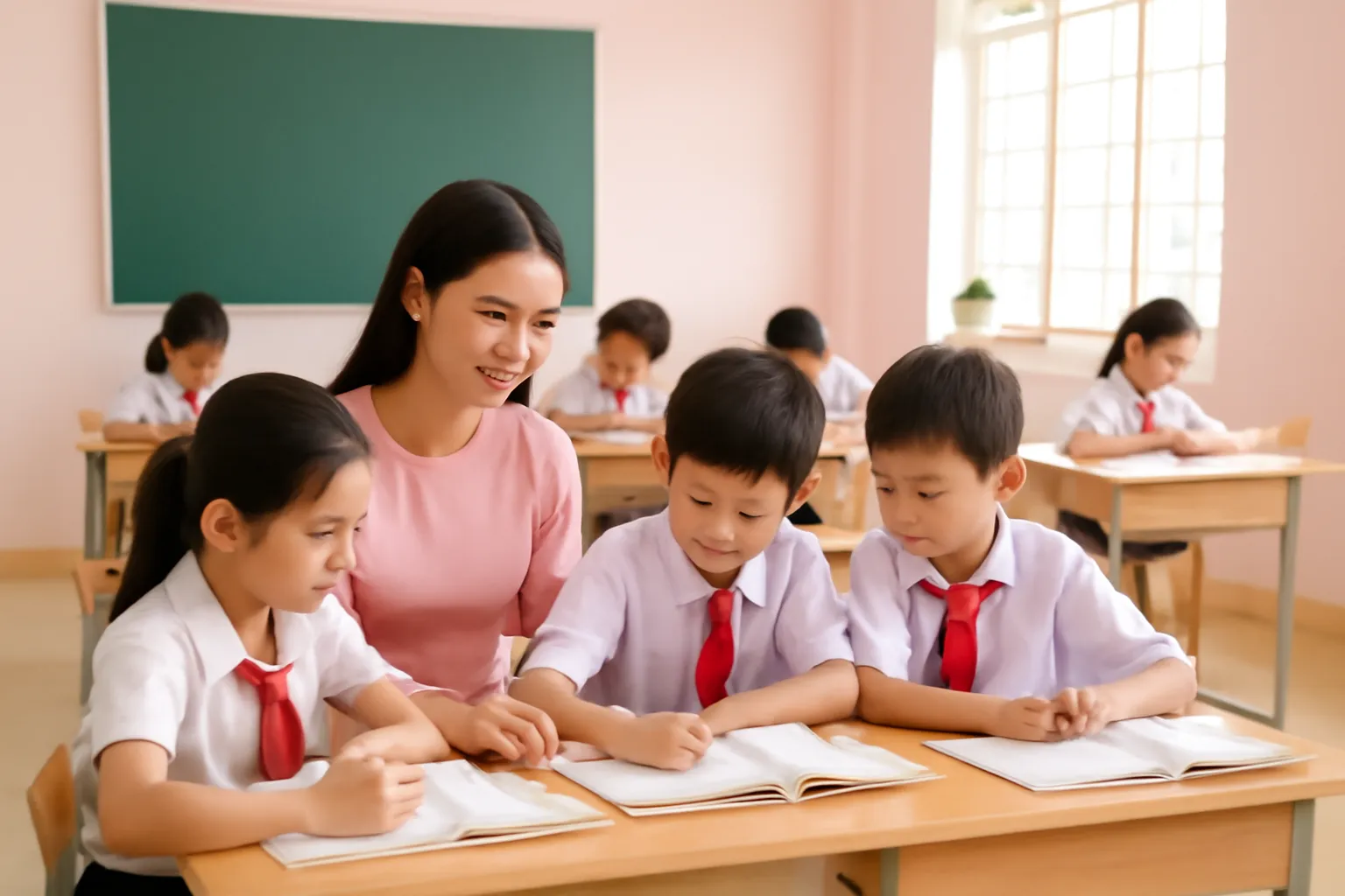 Cô giáo ngồi bàn nhỏ góc lớp kèm ba học sinh, cả lớp tự làm bài