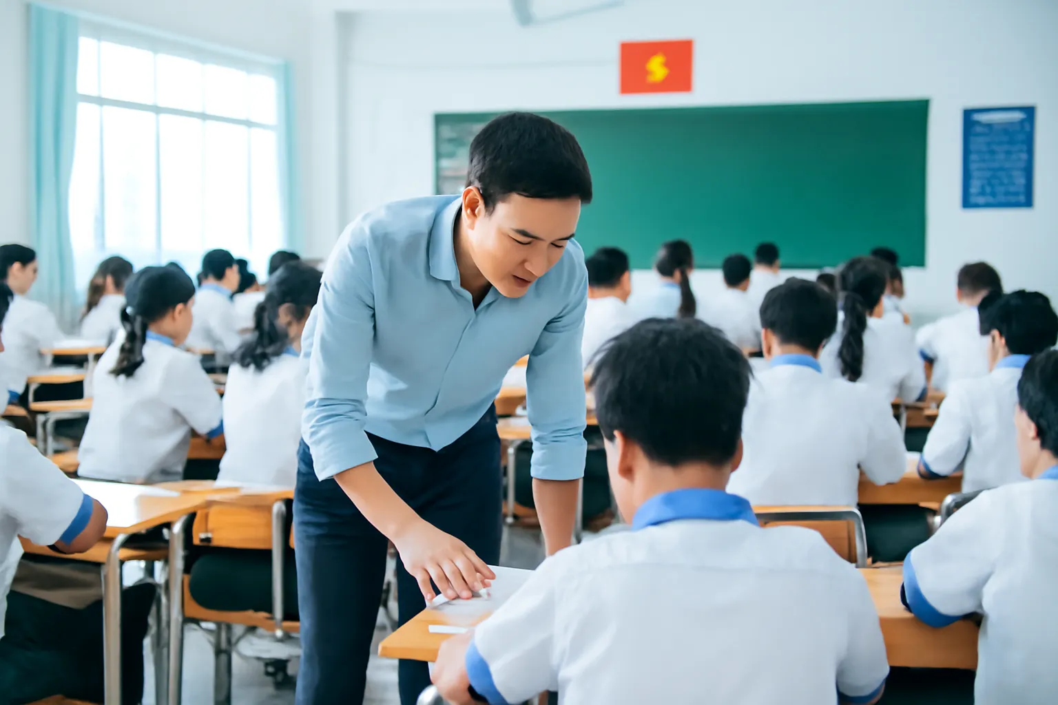 Thầy giáo đi giữa hai dãy bàn lớp đông, cúi xem vở một em ngồi cuối