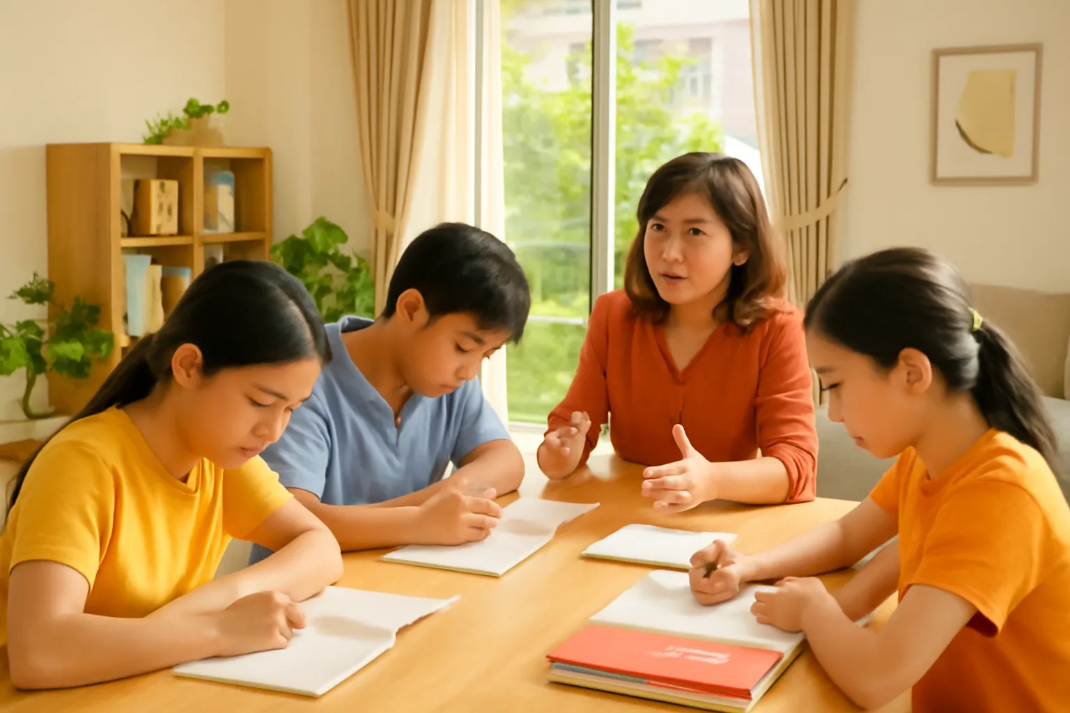 Bàn học dài ở phòng khách buổi tối, ba học sinh cúi làm bài, cô ngồi đầu bàn