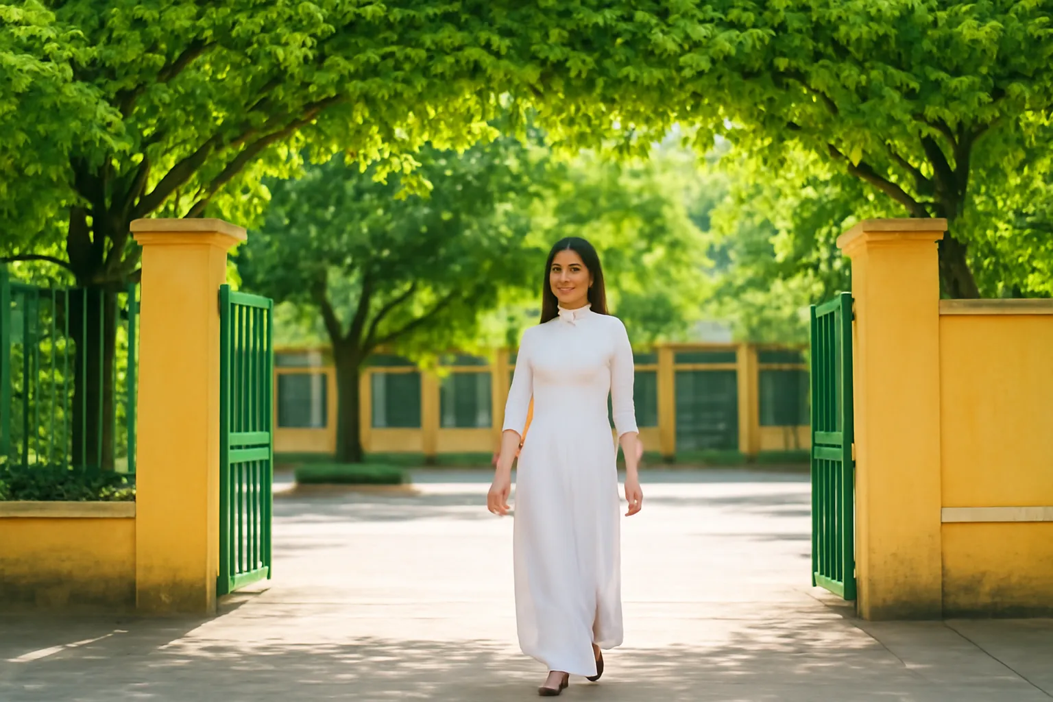 Cô giáo đi bộ qua cổng trường có vòm cây xanh buổi sáng