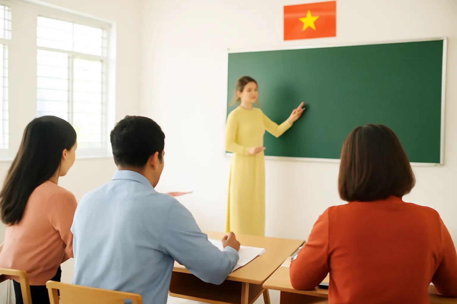 Ba giáo viên ngồi cuối lớp ghi chép, cô giáo giảng phía trước