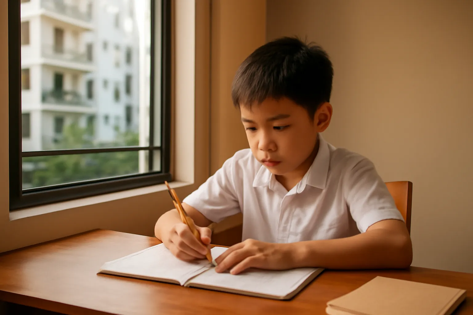 Em học sinh ngồi làm bài bên bàn gỗ cạnh cửa sổ buổi chiều