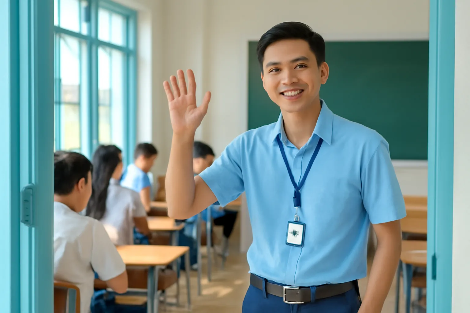Thầy giáo trẻ đứng trước cửa lớp trung học lúc sáng sớm