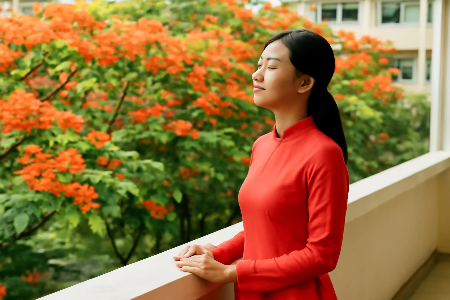 Cô giáo đứng hít thở ở ban công trường nhìn hàng cây phượng
