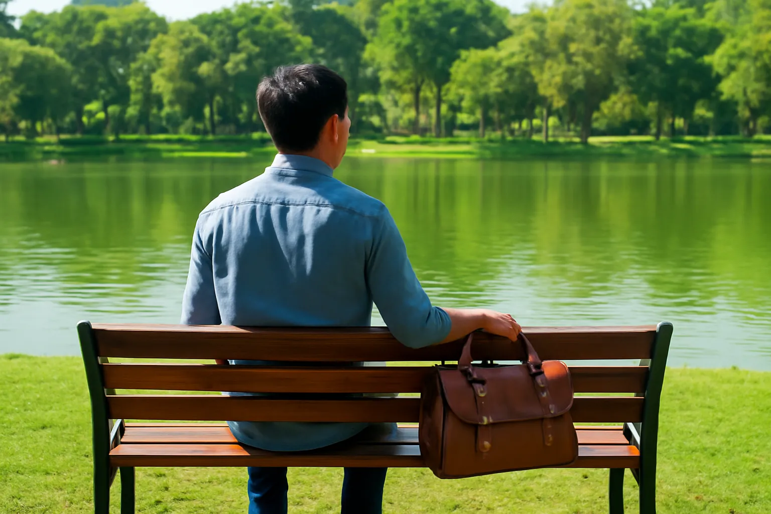 Người đàn ông ngồi ghế công viên cầm cặp da, nhìn ra mặt hồ