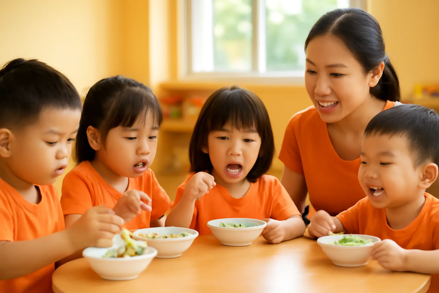 Các bé ngồi quanh bàn ăn tròn thấp tự xúc cơm, cô ngồi cạnh