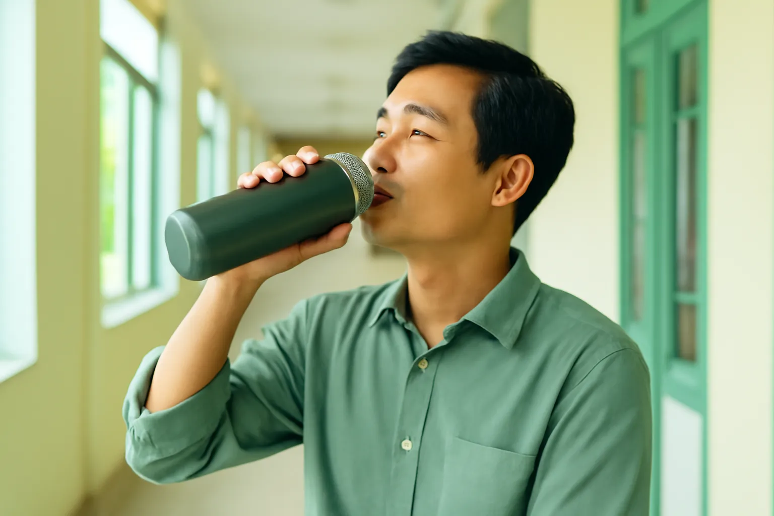 Thầy giáo cầm bình nước giữ nhiệt uống nước giữa giờ ở hành lang