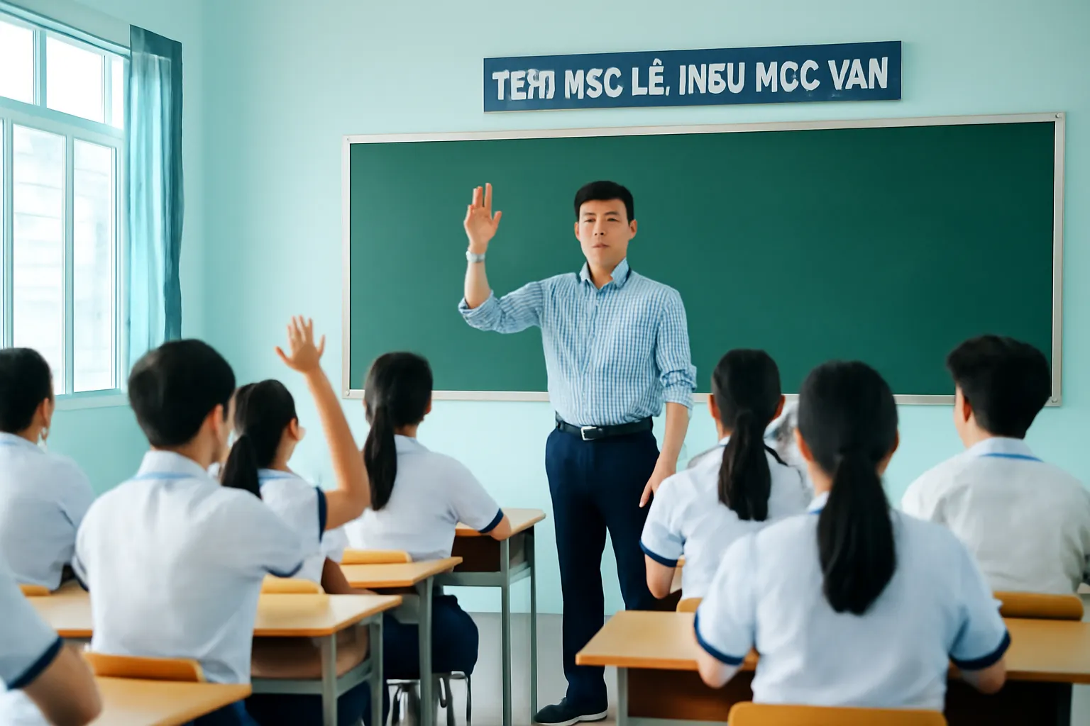 Thầy giáo trung học giơ tay ra hiệu, cả lớp dần yên lặng lại