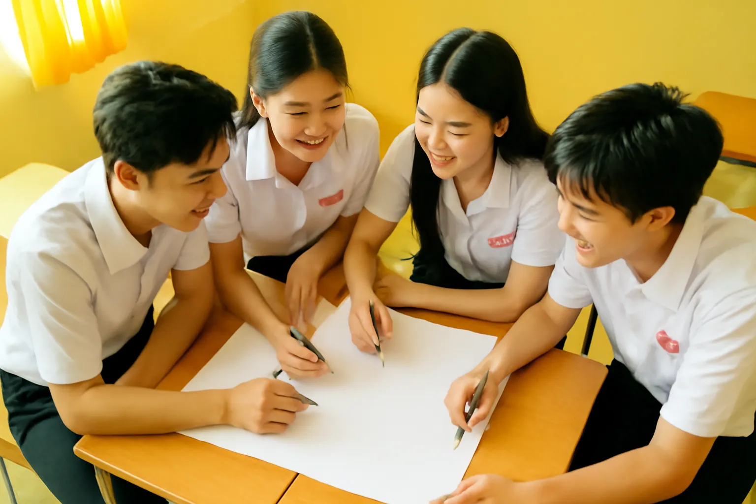 Bốn học sinh trung học chụm đầu quanh tờ giấy khổ lớn trên bàn
