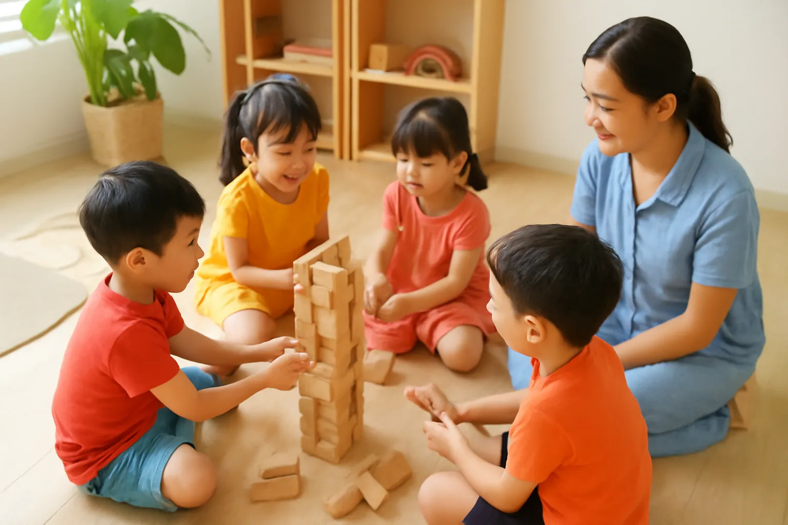 Các bé xếp khối gỗ trong góc chơi sáng sủa, cô ngồi quan sát