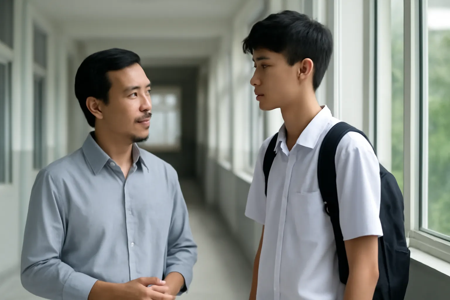 Thầy giáo bình tĩnh nói chuyện với nam sinh cao lớn ở hành lang trường