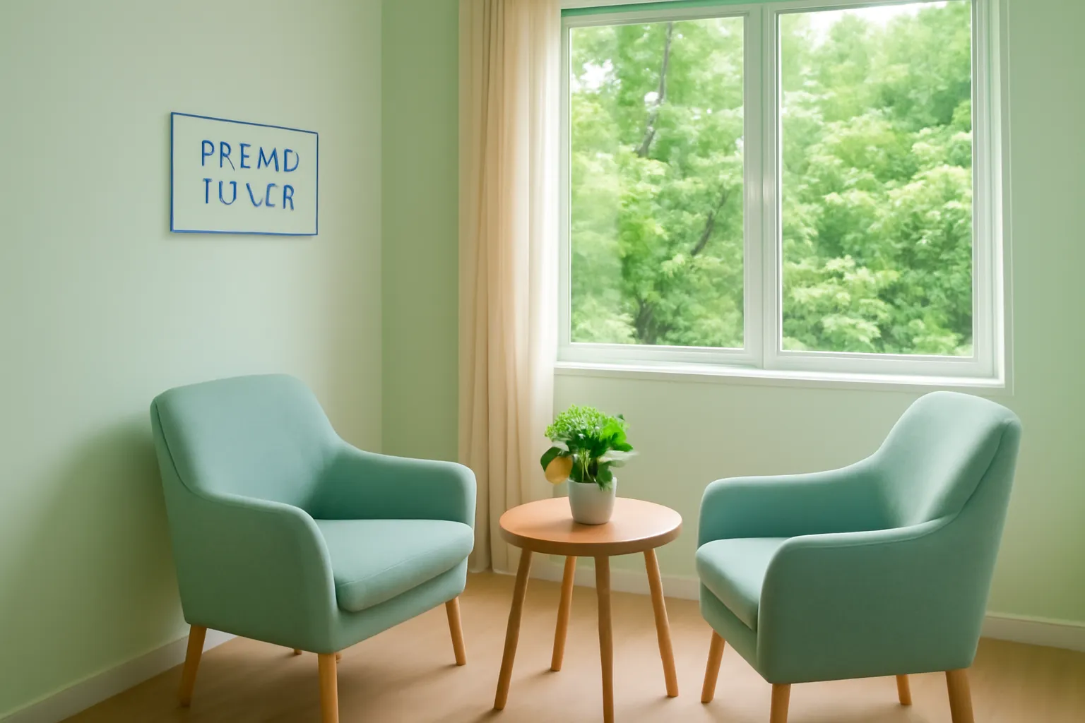 Phòng tư vấn học đường sáng sủa với ghế mềm và cửa sổ nhiều cây xanh