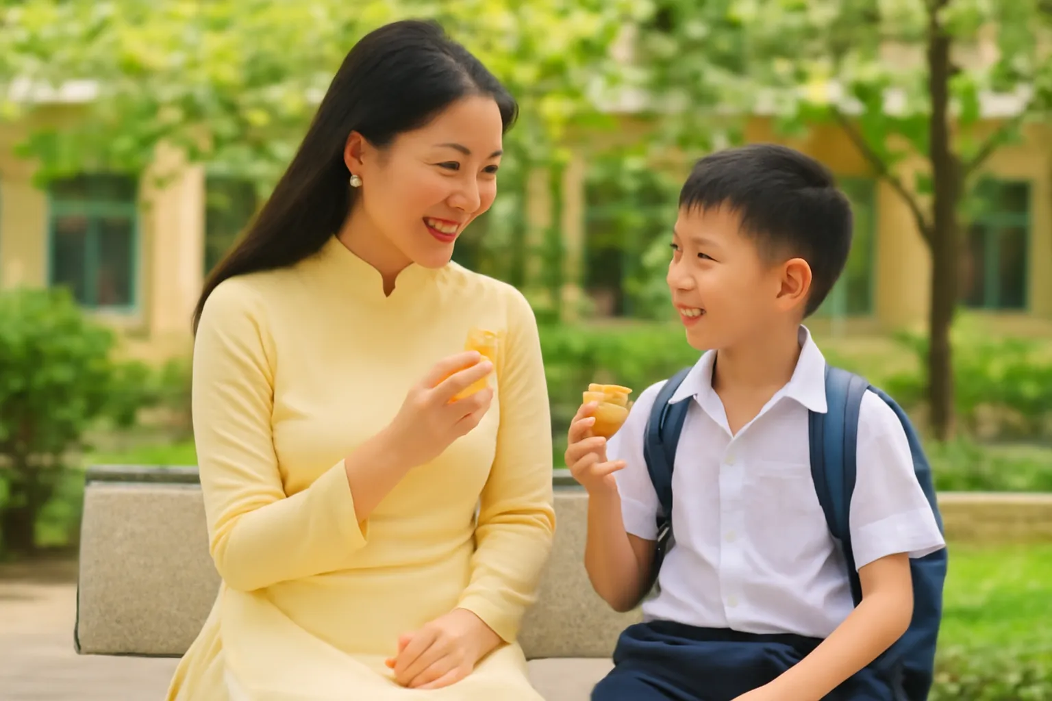 Cô giáo và cậu bé ngồi ghế đá sân trường, cùng chia hộp sữa