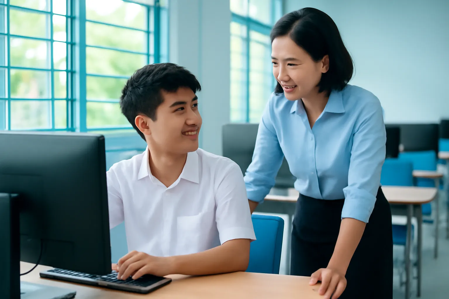 Nam sinh ngồi trước máy tính ở phòng máy, thầy giáo đứng cạnh trao đổi