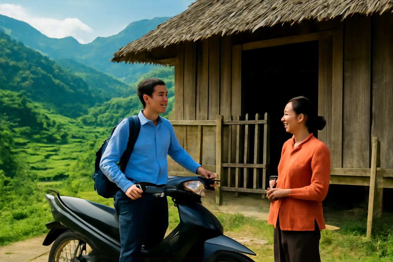 Thầy giáo dắt xe máy đứng trước ngõ nhà sàn trò chuyện với phụ huynh