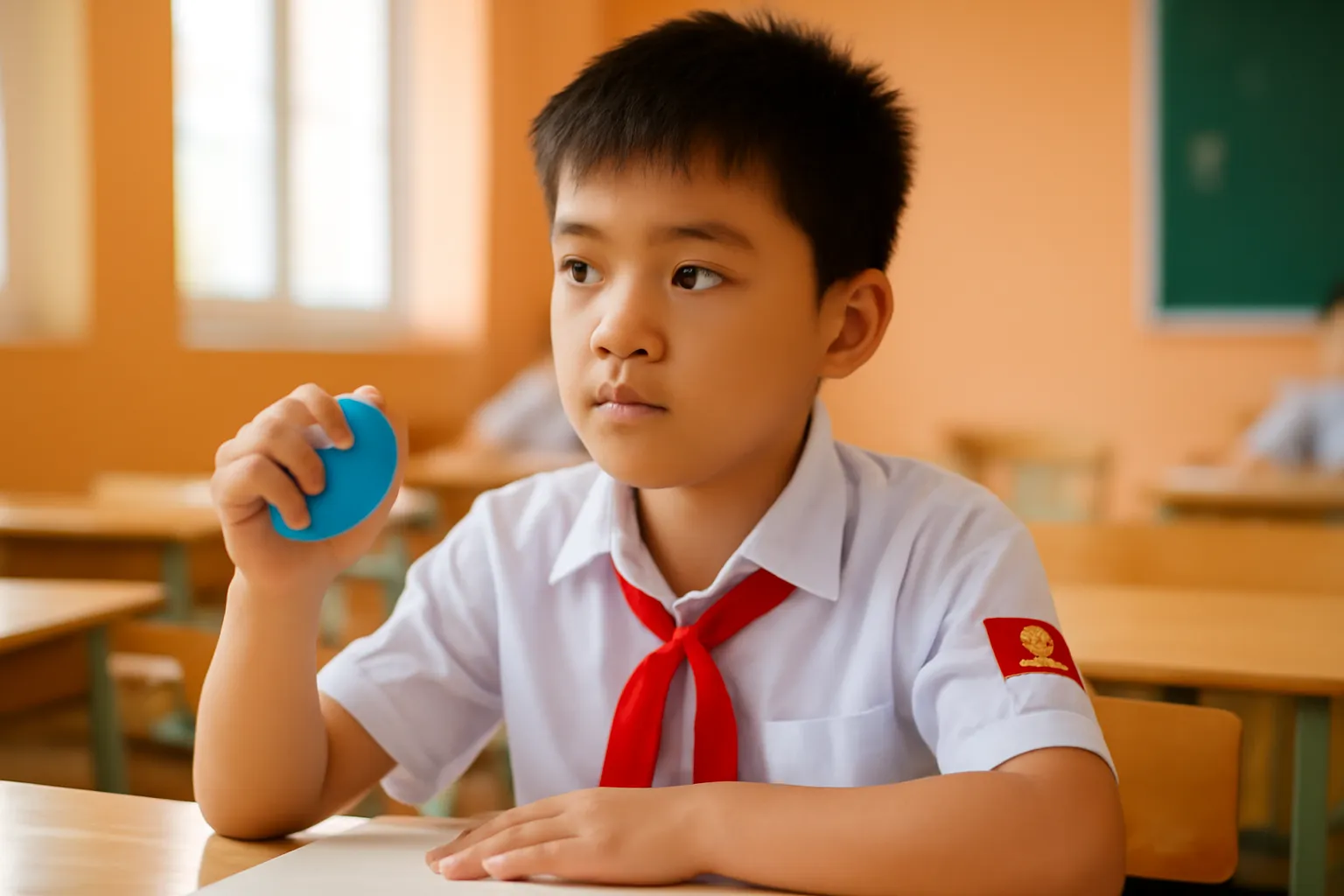 Cậu bé tiểu học bóp quả bóng mềm trong tay khi đang nghe giảng