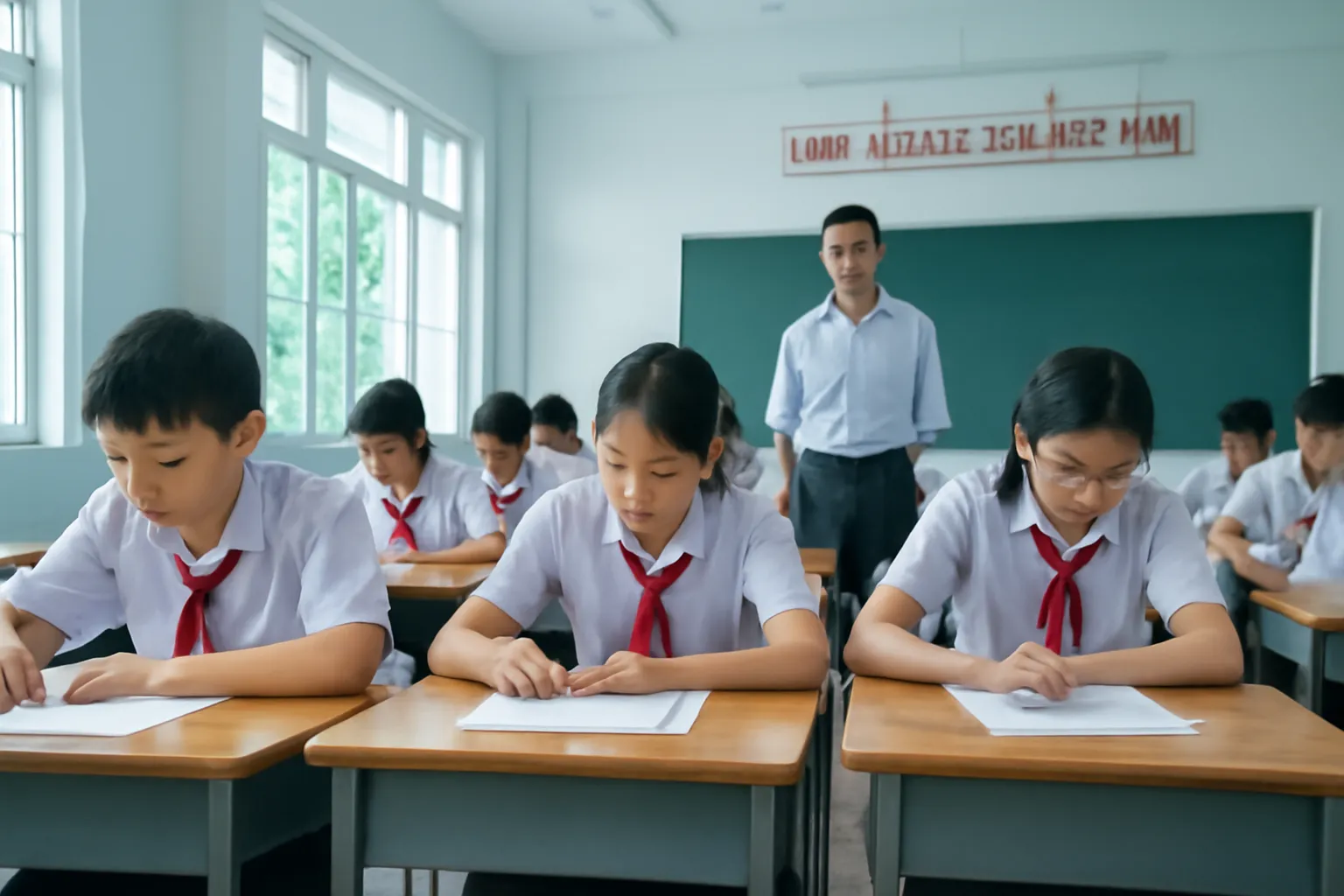 Lớp học đang làm bài kiểm tra, giám thị đứng cuối lớp quan sát
