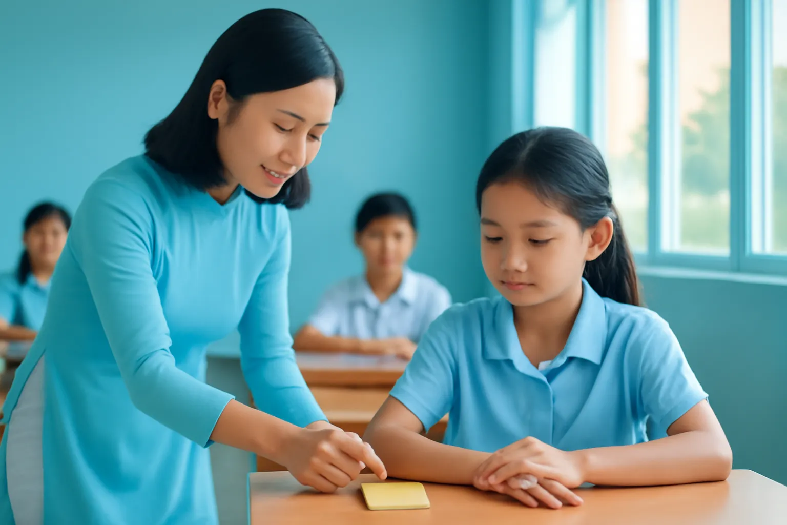 Cô giáo nhẹ nhàng đặt tờ giấy nhớ lên bàn nữ sinh ngồi cạnh cửa sổ