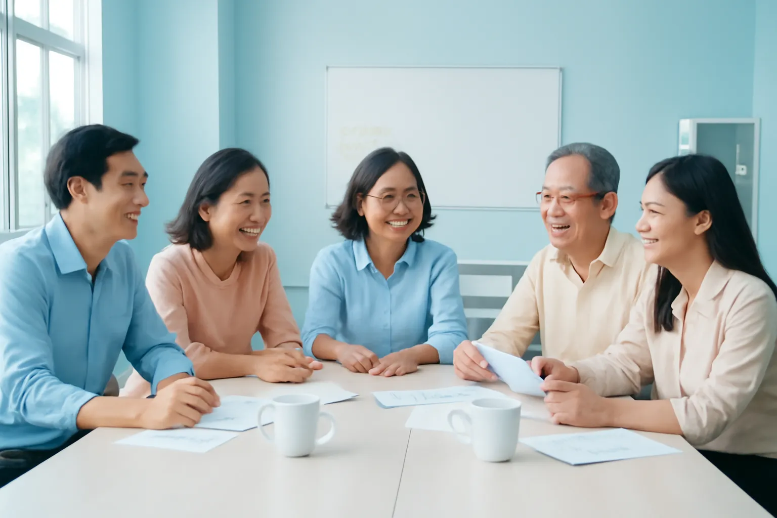 Năm giáo viên bàn luận quanh bàn dài trong phòng họp tổ, vui vẻ