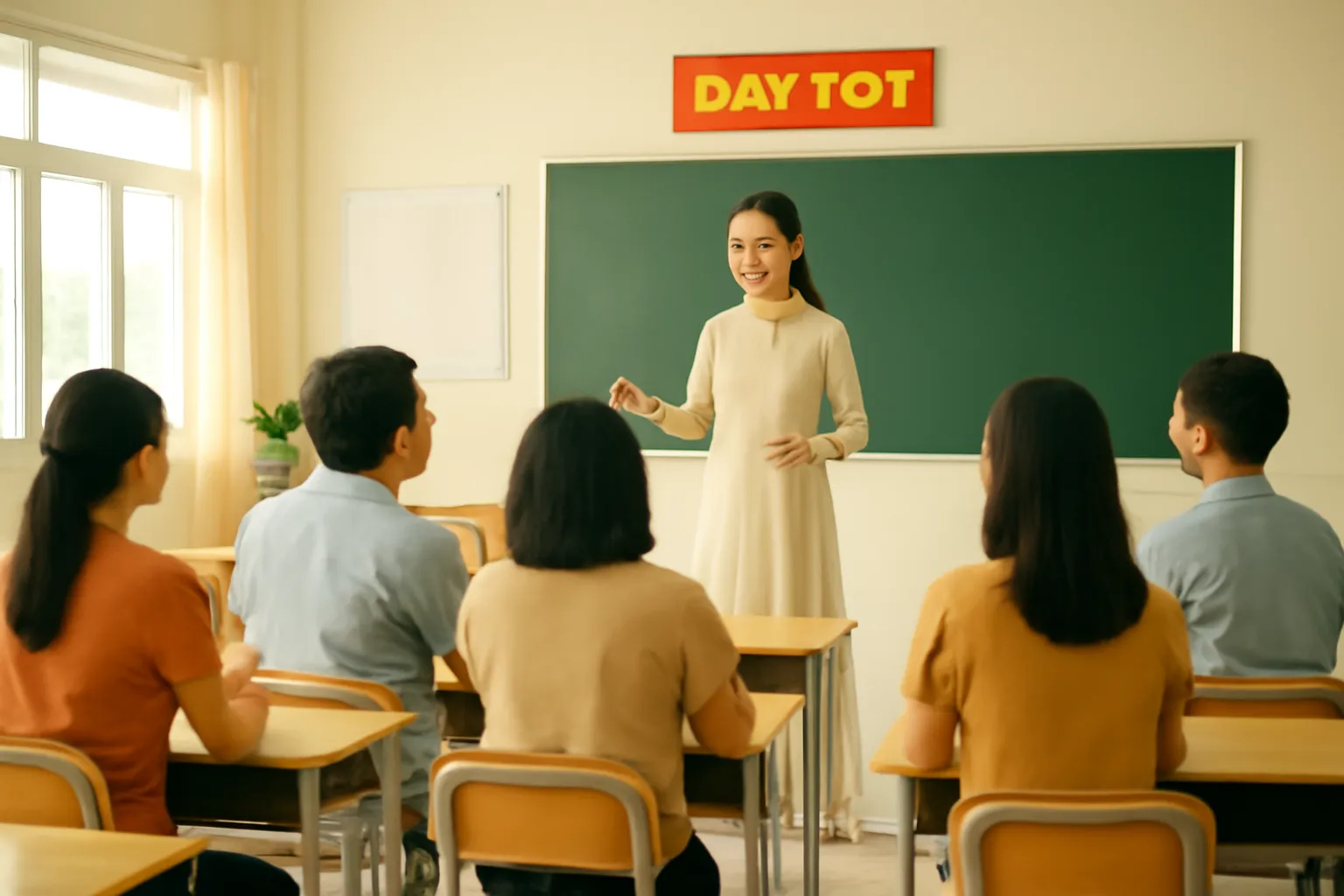 Cô chủ nhiệm đứng trước các phụ huynh ngồi ghế học sinh trong lớp