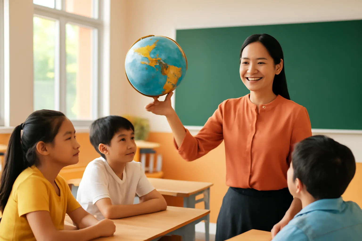 Cô giáo cầm quả địa cầu trước lớp, học sinh nhổm người tò mò nhìn