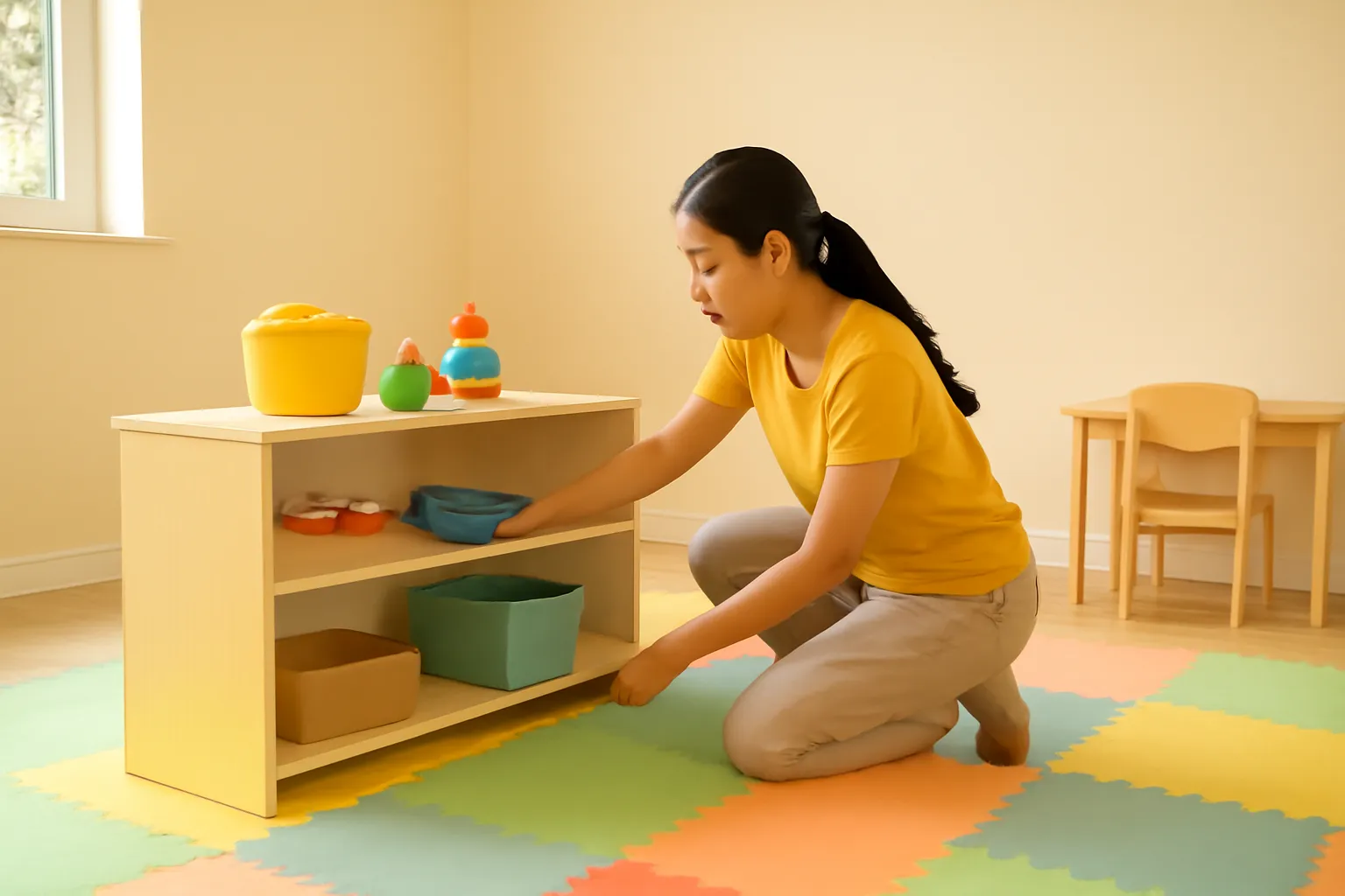 Cô chủ lau kệ đồ chơi trong căn phòng tầng trệt mới sơn, chưa có trẻ