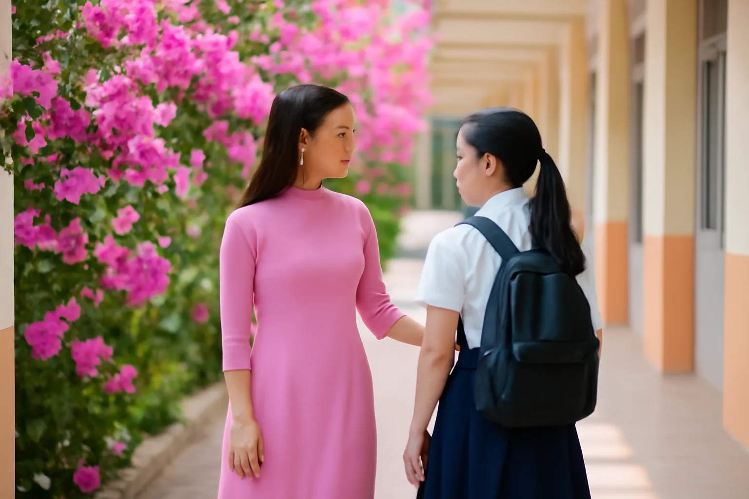 Cô giáo và nữ sinh đi dạo dọc hành lang có giàn hoa giấy