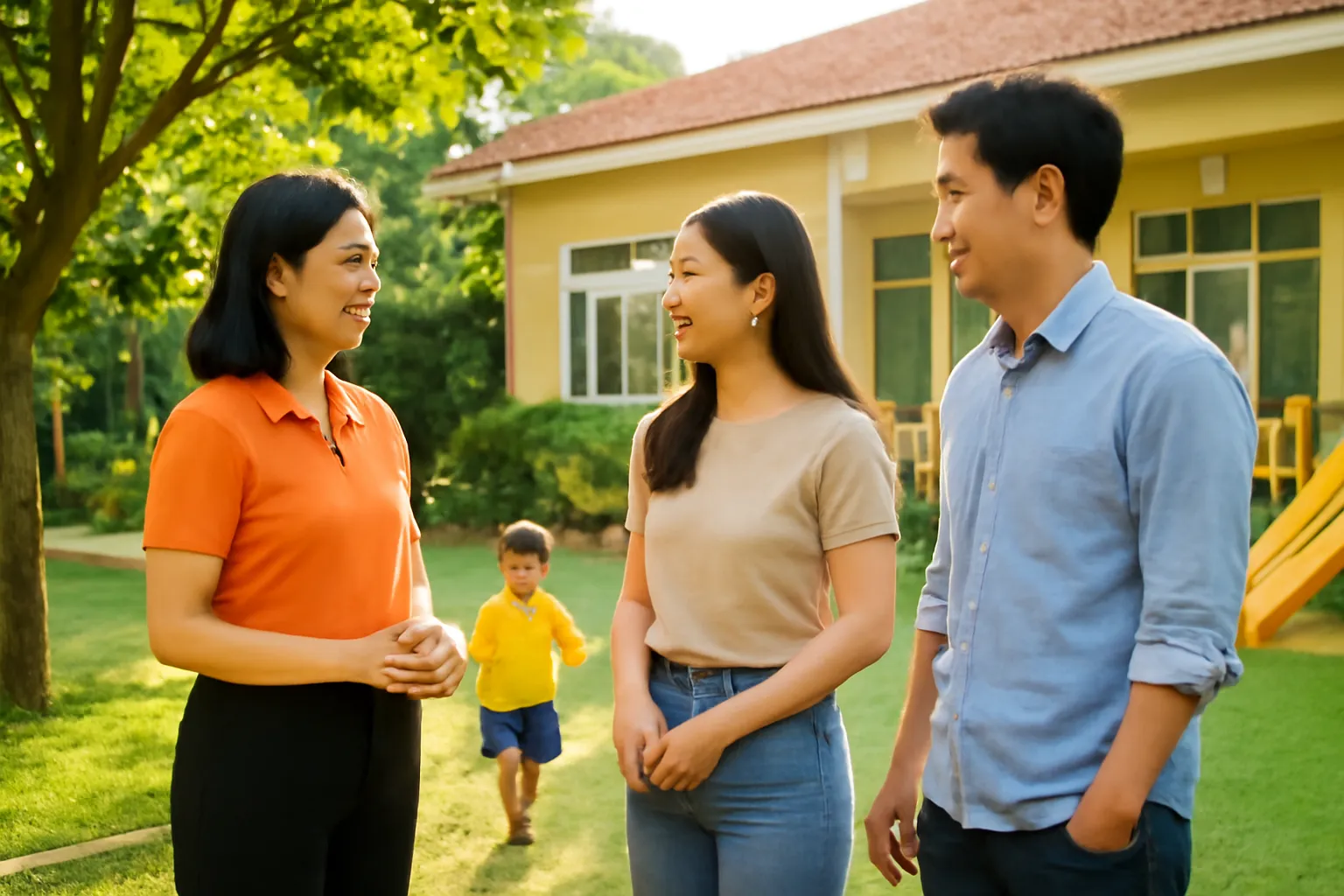 Cô giáo trò chuyện với bố mẹ ở sân trường mầm non lúc đón con