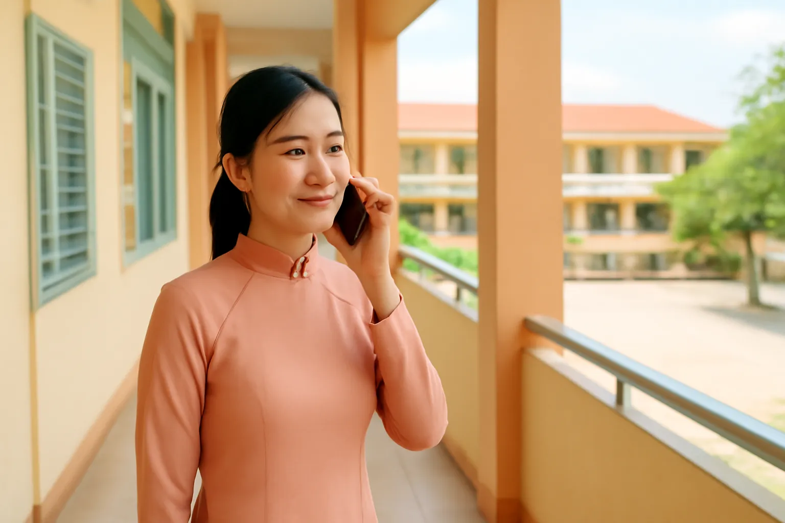 Cô giáo đứng ở hành lang giờ tan học gọi điện, mắt nhìn xa