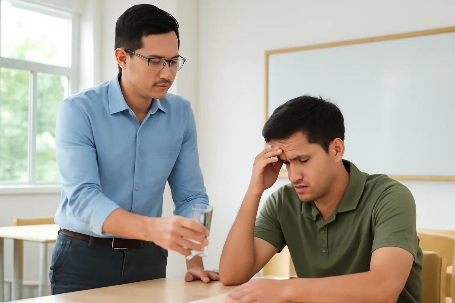 Thầy giáo mời người bố ngồi và rót cốc nước trong phòng họp