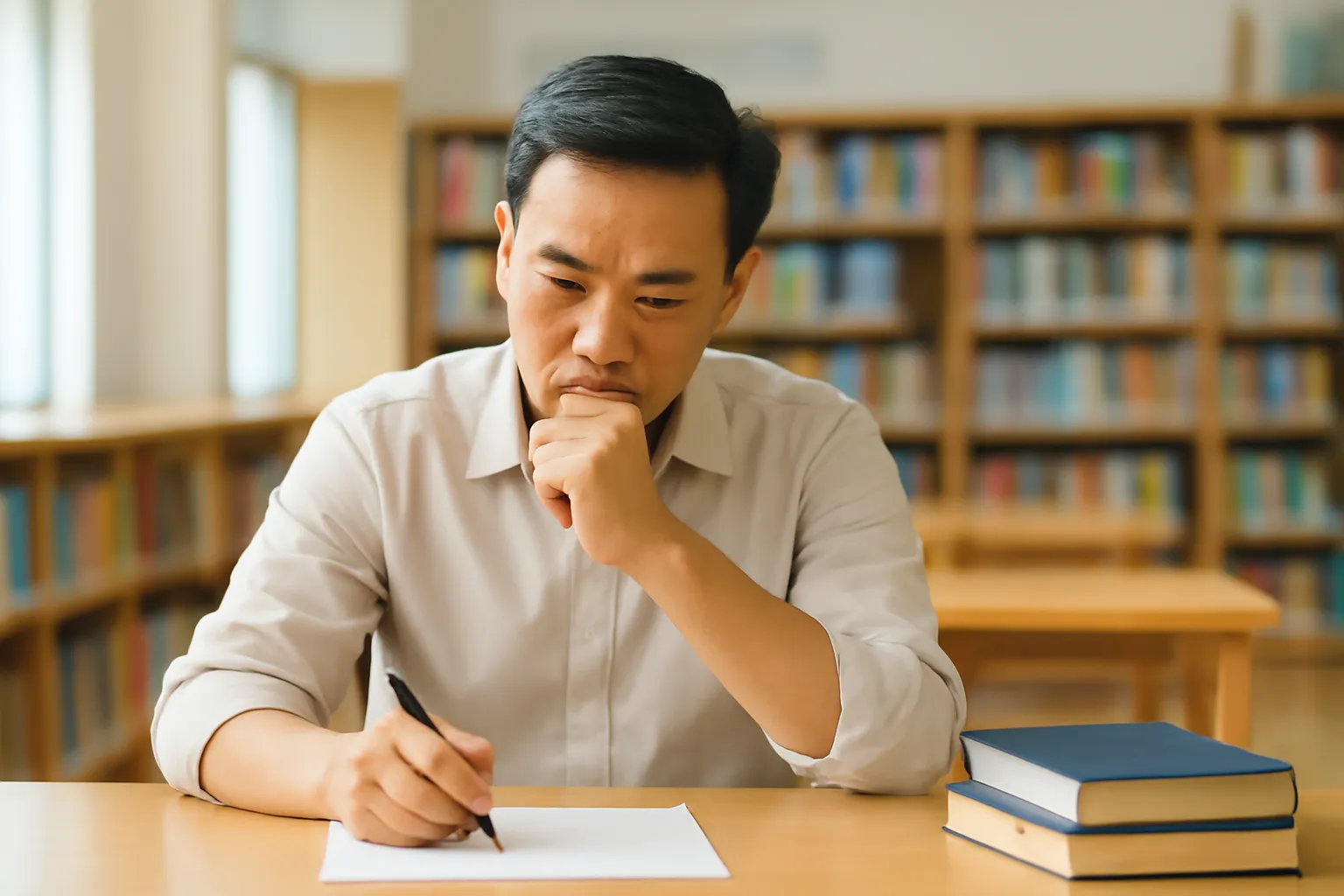 Thầy giáo làm việc bên bàn gỗ ở thư viện trường, giấy úp xuống