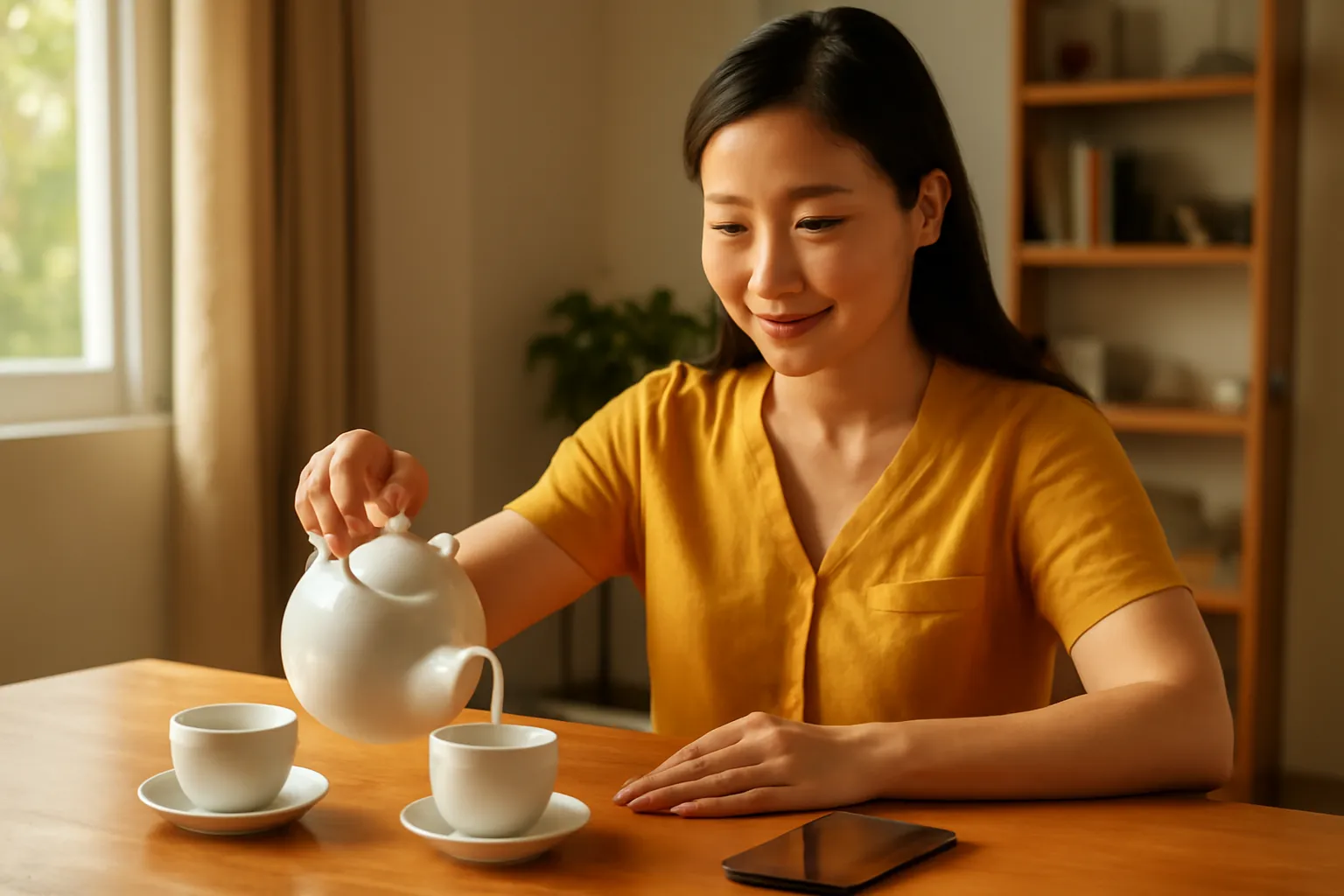 Cô giáo buổi tối ở nhà úp điện thoại xuống bàn, thong thả pha trà