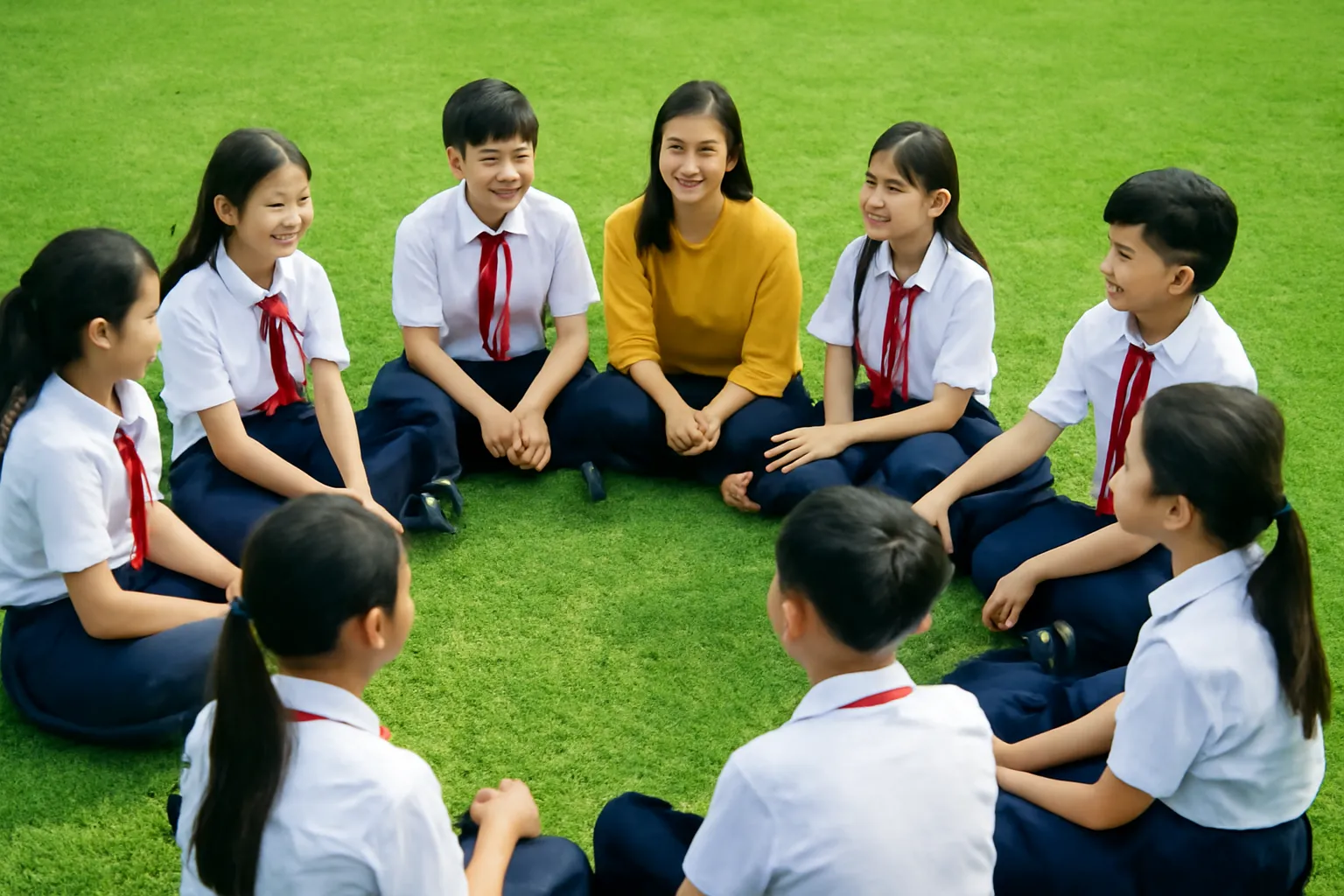 Học sinh ngồi vòng tròn trên sân cỏ trường, cô chủ nhiệm ngồi cùng