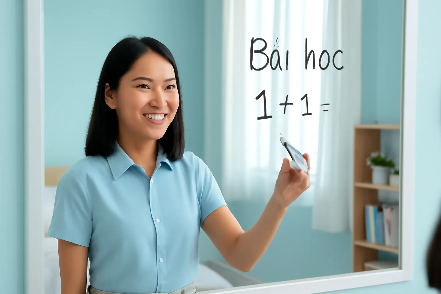 Nữ sinh viên tập giảng trước gương trong phòng trọ sáng sủa
