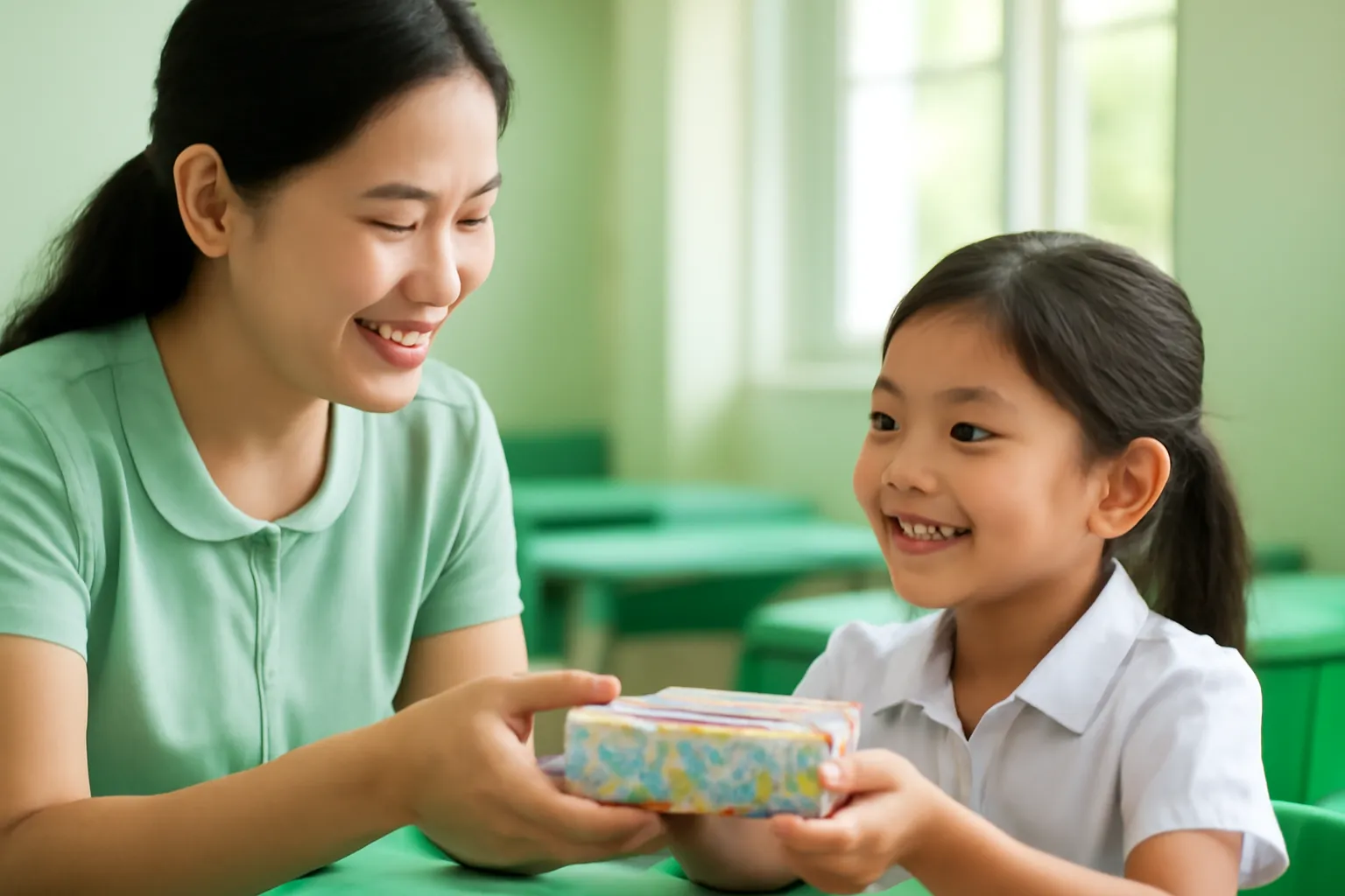 Cô giáo mỉm cười trao cho bạn nhỏ chiếc hộp bút bên bàn học