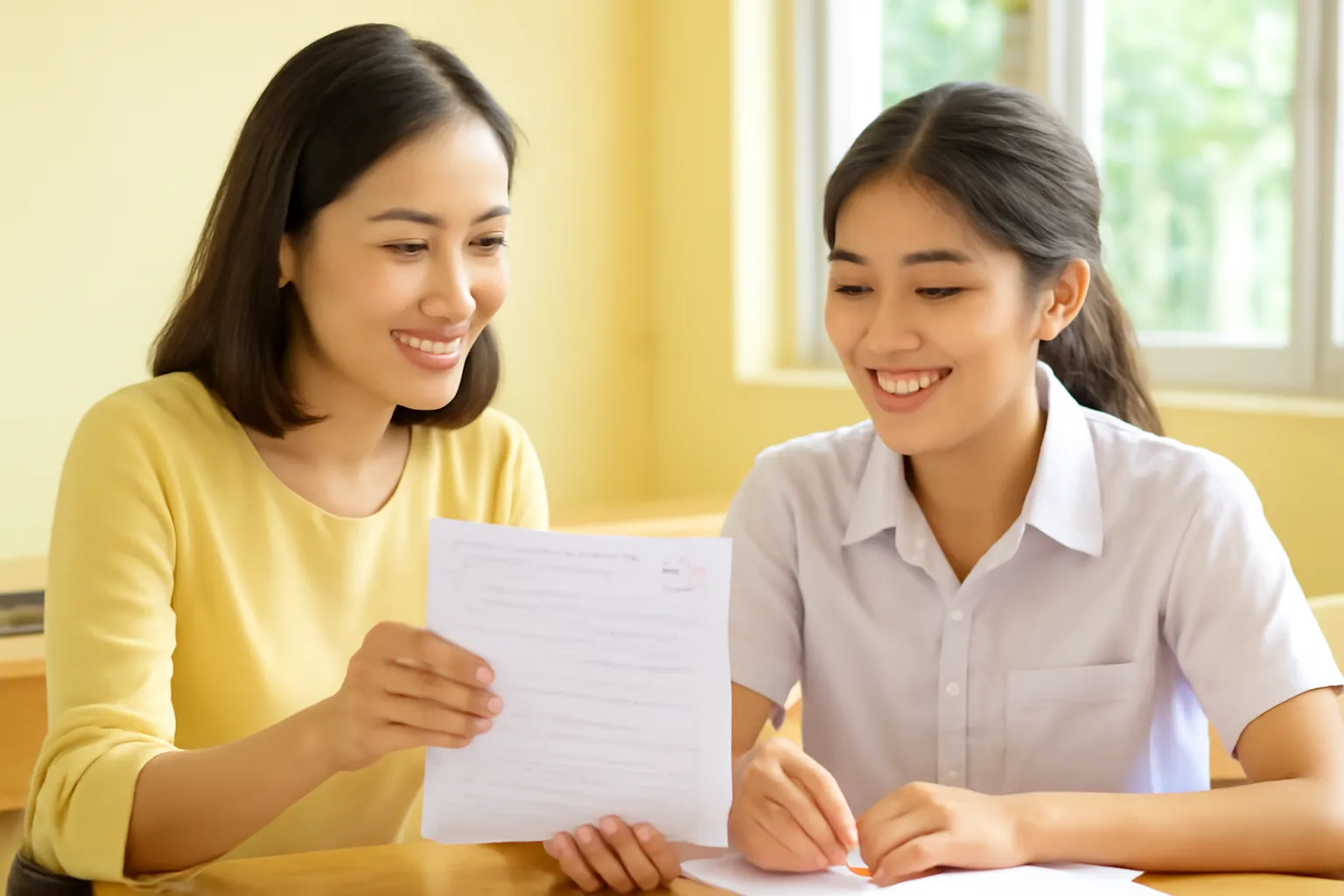 Cô giáo ngồi cạnh bàn học sinh cùng xem lại tờ bài làm úp một nửa