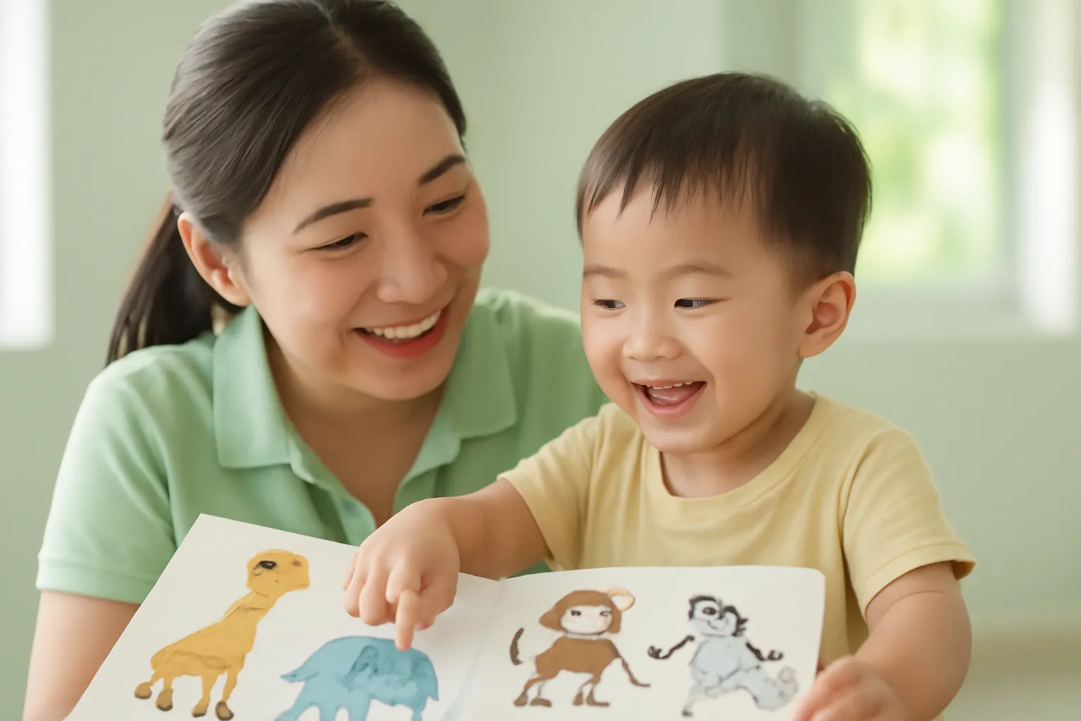 Cô giáo cùng một bé xem sách tranh con vật, trò chuyện vui vẻ