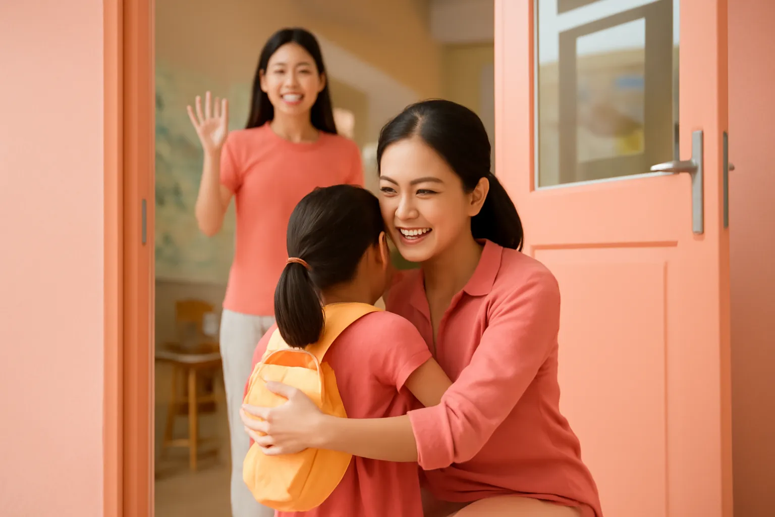 Cô giáo mầm non quỳ ngang tầm ôm bé gái ở cửa lớp, mẹ vẫy tay