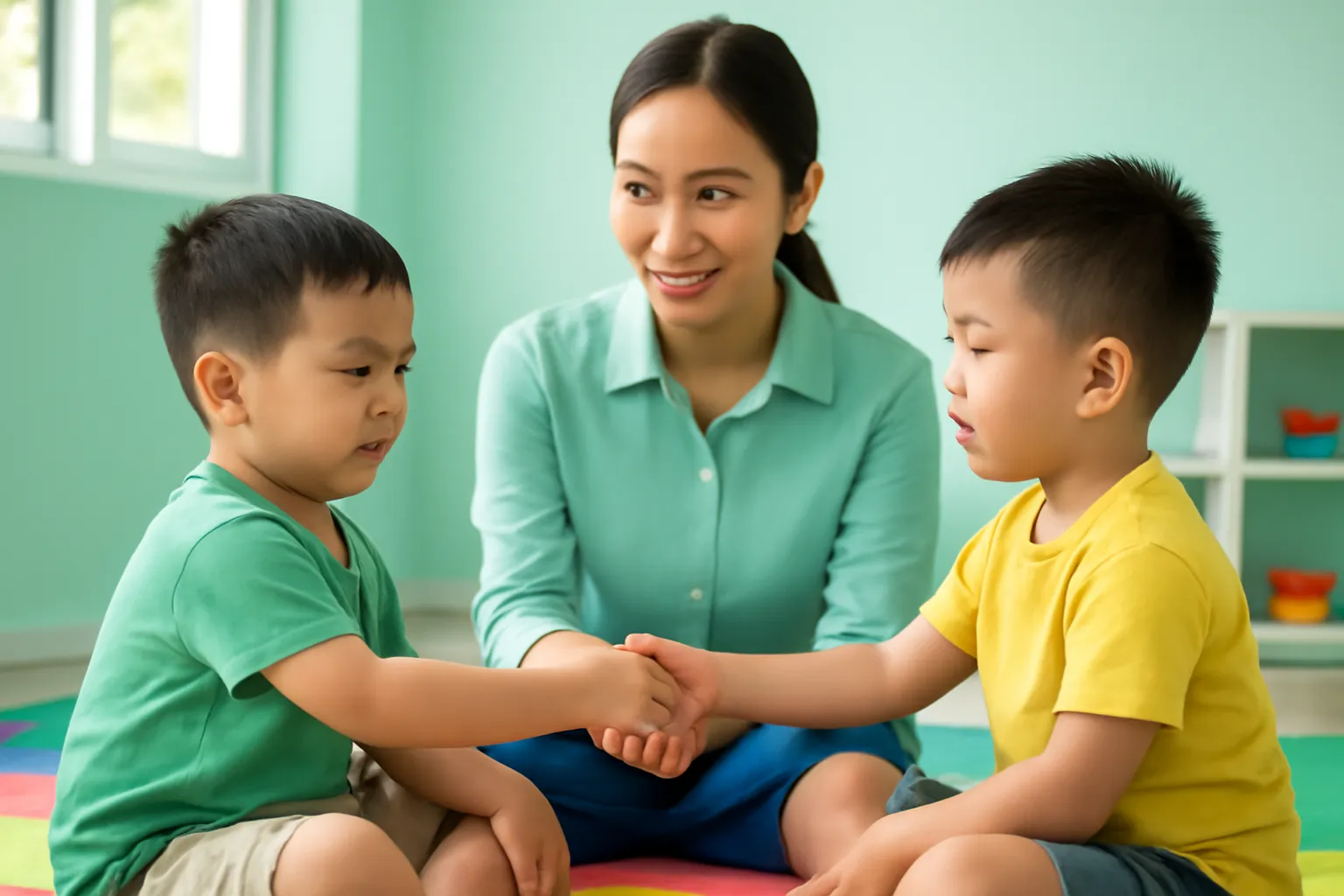 Cô giáo ngồi trên thảm giữa hai bé trai đang làm lành với nhau