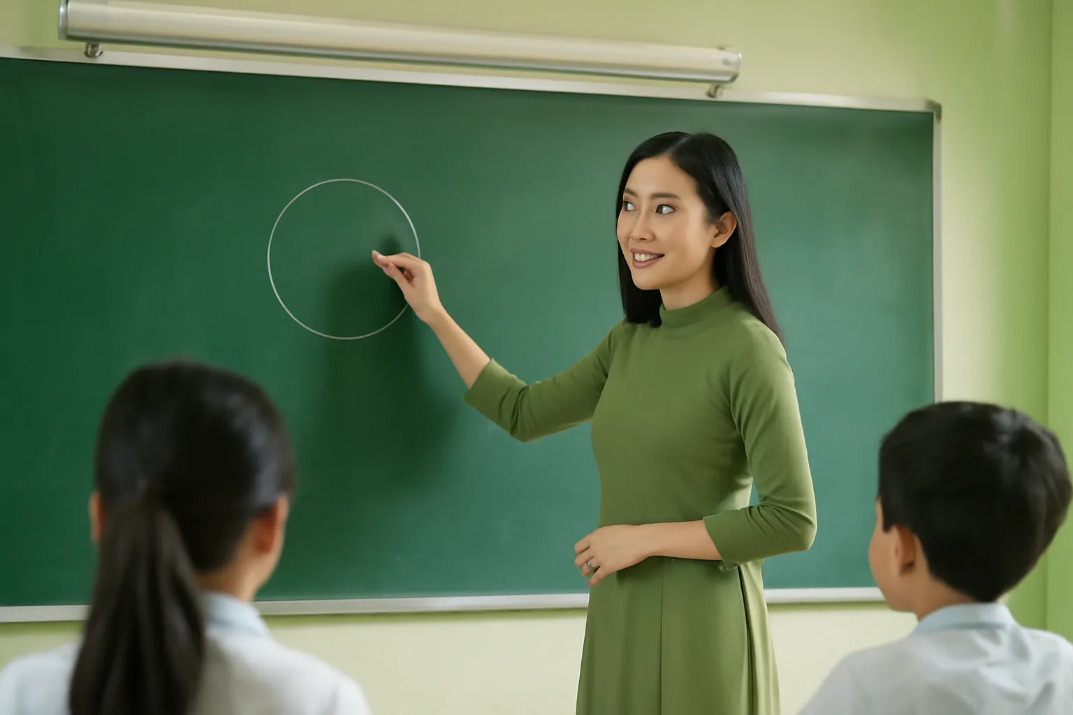 Cô giáo vẽ sơ đồ hình tròn lên bảng xanh, máy chiếu tắt phía trên