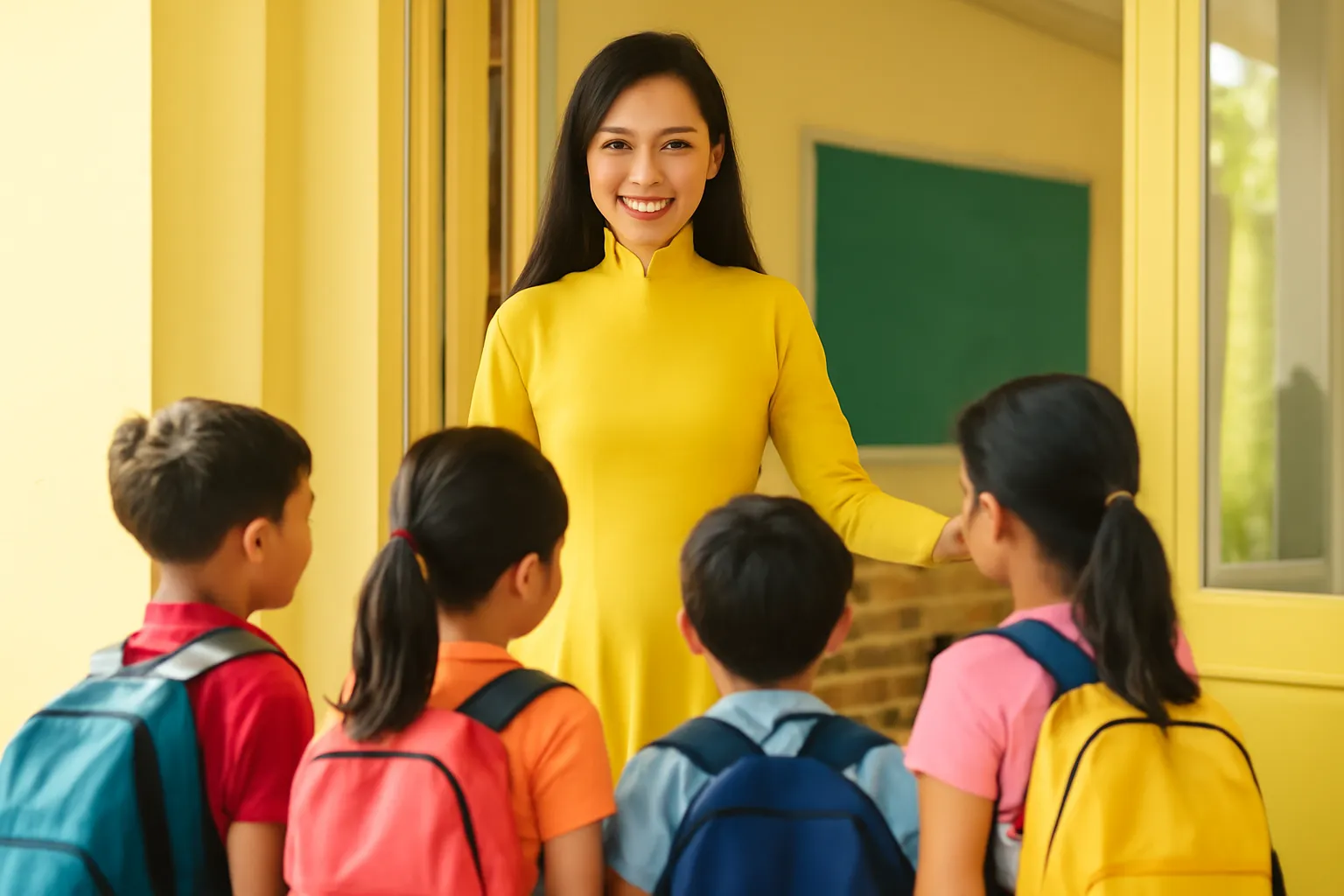 Cô giáo trẻ đứng ở cửa lớp mỉm cười đón học sinh tiểu học buổi sáng