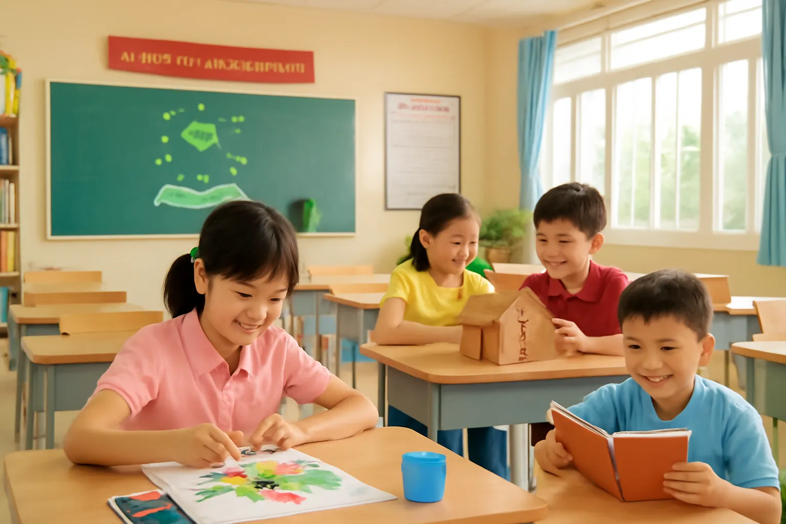 Học sinh mỗi em một việc: em vẽ, em đọc, em lắp mô hình