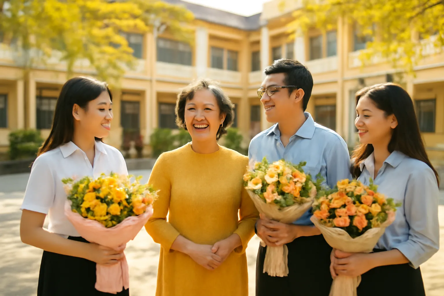 Cô giáo lớn tuổi đứng giữa nhóm học trò cũ trưởng thành ôm hoa ở sân trường